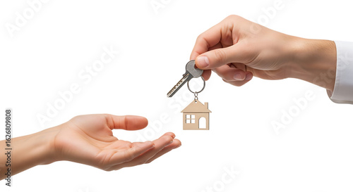Real estate agent's hand giving house keys to a new homeowner. Isolated on transparent background, png