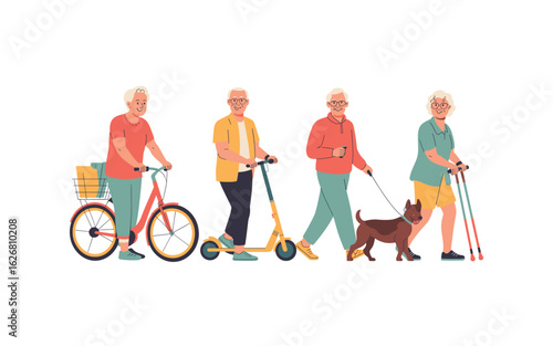 Active Seniors Exercising and Enjoying Leisure Time: Biking, Scootering, Walking a Dog, and Nordic Walking in a Flat Vector Illustration