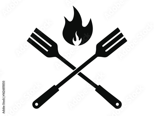 Grill tools and fire. Vector. Grilling Utensils Icon Flat Graphic Design