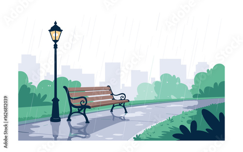 Rainy Day in the City Park: Illustration of a Bench Under a Lamppost, Reflective Pavement, and Modern Buildings in the Background
