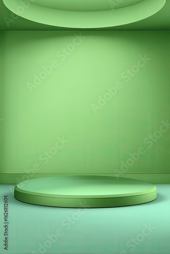 A vibrant  lime-green room with a circular platform