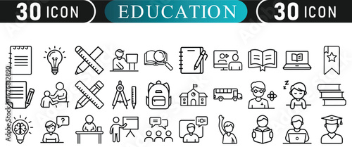 30 Line Education Icons – Outline Style School and Study Vectors

