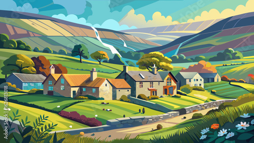 Gunnerside Village meadows and barns, in Swaledale one of the most northerly dales in the Yorkshire Dales National Park, famous for its wildflower meadows and field 