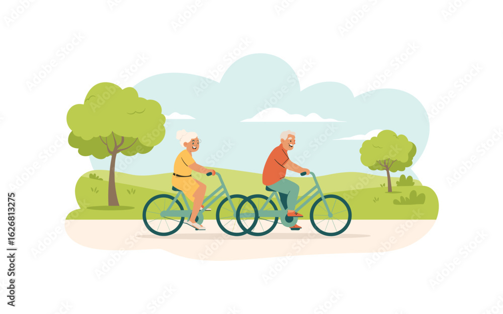 Naklejka premium Happy Senior Couple Cycling in Park: Active Lifestyle and Healthy Aging, Retirement Activities, Outdoor Recreation, Grandparents on Bikes, Enjoying Nature, Wellbeing, and Leisure