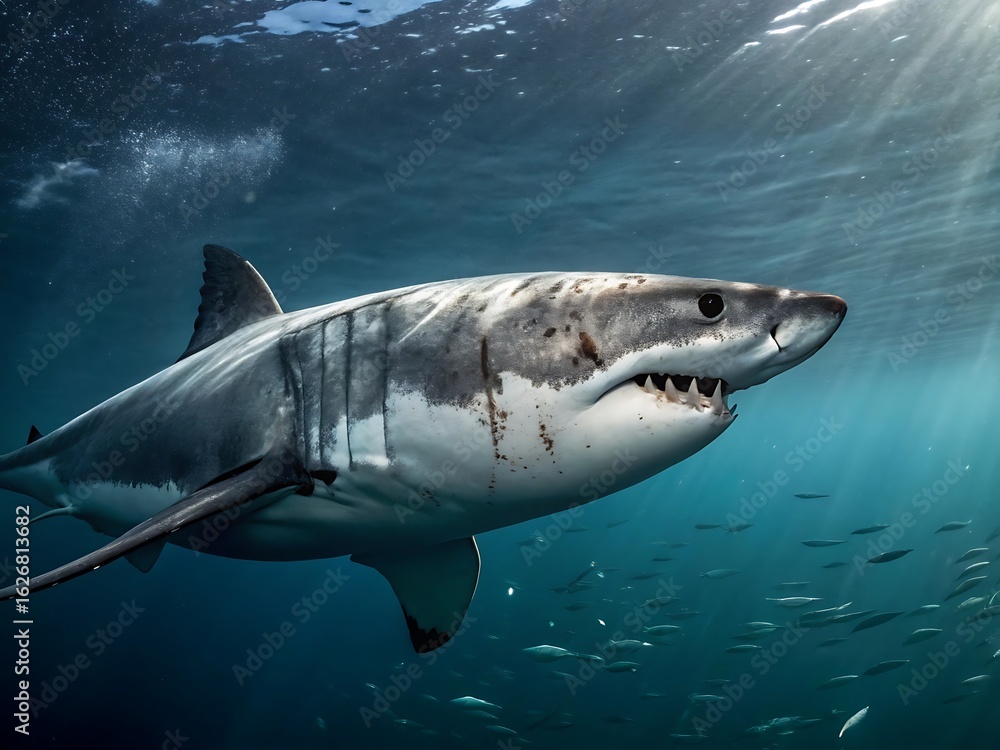 Fototapeta premium Great white shark swimming in the ocean with sunlight rays shining through