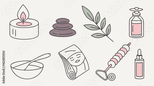 Illustration of spa and wellness elements including candle stones plant and beauty products items set created with generated ai