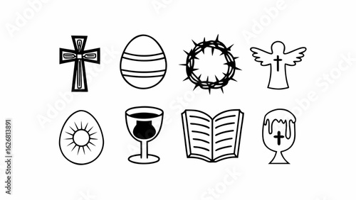Illustration of easter symbols including cross, egg, crown of thorns, angel and chalice icons created with generated ai