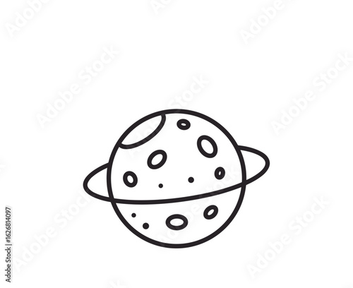Line art illustration of a planet with rings and craters  