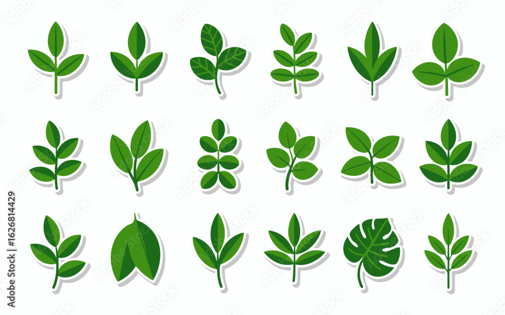 Naklejka premium Collection of Twenty Green Leaf Stickers Flat Vector Illustrations.