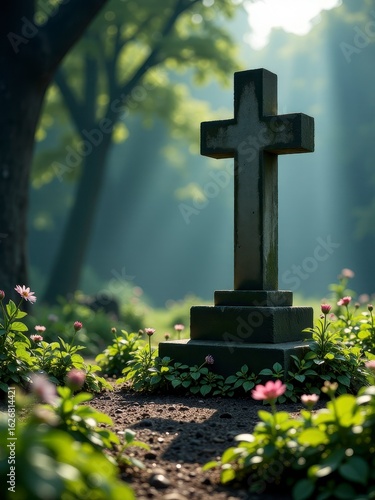 A stone cross monument stands in a quiet cemetery surrounded by greenery and soft morning light. funeral