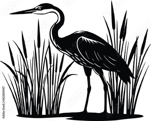 Heron Standing in Reeds Silhouette | Wading Bird at Water’s Edge Silhouette