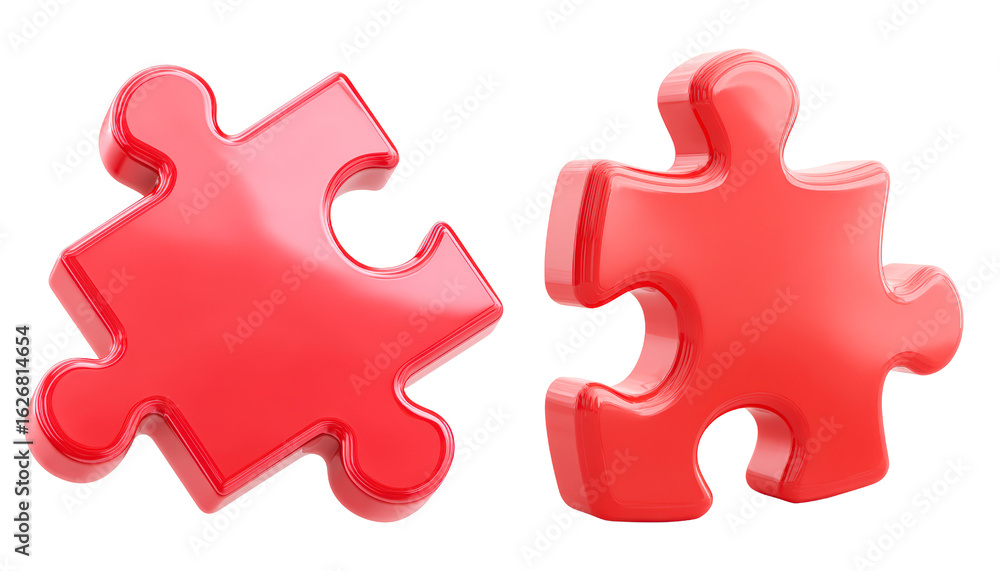 3D render Two red glossy puzzle pieces isolated on transparency PNG background, perfect for concepts of problem-solving, teamwork, or creativity, Suitable for business presentations 3D render Two red glossy puzzle pieces isolated on transparency PNG background, perfect for concepts of problem-solving, teamwork, or creativity, Suitable for business presentations