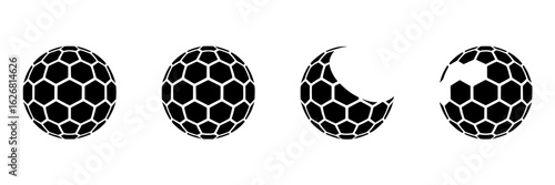 Vector set of abstract geometric spheres with hexagon pattern. Black and white illustration of four variations: whole, partial, and fragmented spheres. Design elements for technology, science, or spor