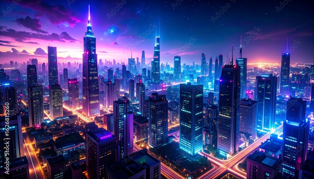 custom made wallpaper toronto digitalAerial view of a vibrant, futuristic city at dawn