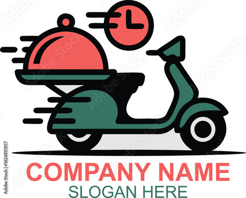 Fast Food Delivery Scooter with Clock Icon Restaurant Logo Design