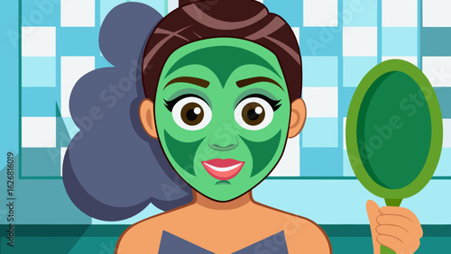 A woman with a green facial mask holding a mirror in a bathroom with blue and white tiles created with generated ai