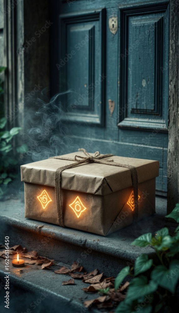 Obraz premium A mysterious doorstep package wrapped in aged paper and glowing with arcane symbols. Ideal for Halloween campaigns, fantasy book covers, mystery branding, and World Storytelling Day visuals.