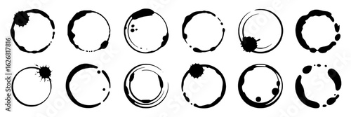 Set of hand-drawn black ink coffee or tea cup ring stains and splatters. Vector illustration collection of isolated circular drink mug stains, drips, and splashes. Design elements for grunge, vintage,