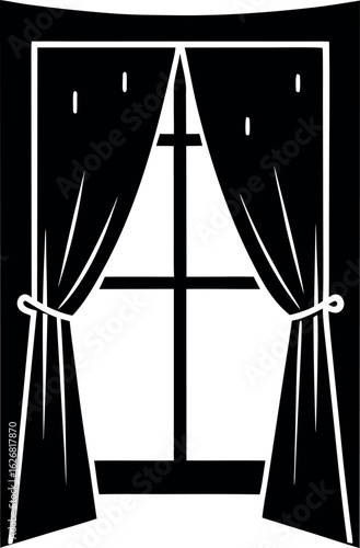 Open window with curtains interior design home decor silhouette vector illustration