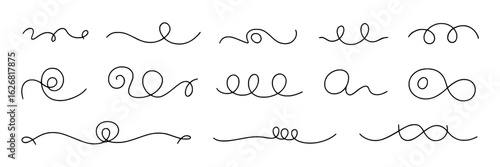 Hand-drawn doodle swirl and loop collection. Black ink line art swirls, loops, spirals, and squiggles on white. Vector illustration set for decorative design elements, dividers, and borders.