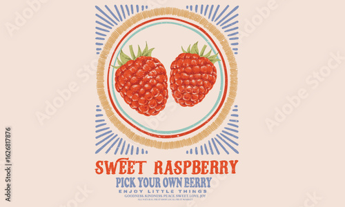 Raspberry fruit artwork. Organic food artwork for for t-shirt. Organic farm poster design. Raspberry art. Fresh Raspberry fruit print.