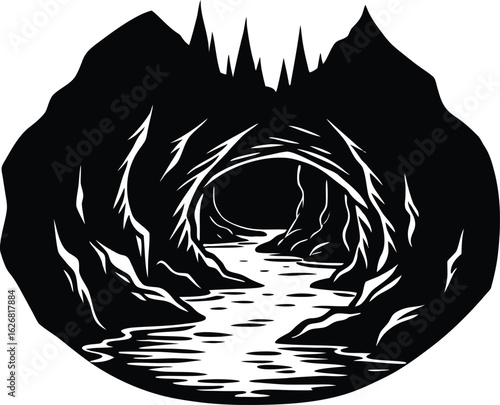 Underground River Through Cavern Silhouette | Subterranean Water Flow Silhouette