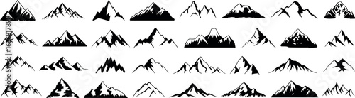 Set of Mountain Silhouette Vector Icons, Nature Graphic, Adventure Outdoor Elements, Black and White Peaks, Perfect for Logo DesignSet of Mountain Silhouette Vector Icons,