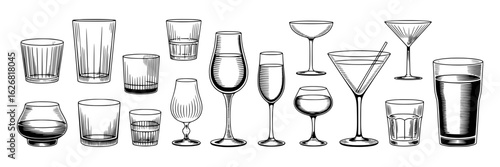Hand-drawn sketch collection of various empty and full drinking glasses: wine glasses, cocktail glasses, tumblers, highball, rocks glasses, martini glasses with straw. Black ink illustration barware s