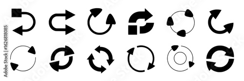 Set of black vector redo, refresh, reload, and repeat arrow icons. Circular, curved, and straight arrows, UI design element collection. Simple and modern graphic resources. Monochrome symbol illustrat
