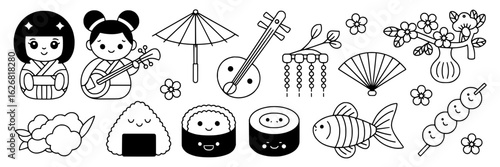 Kawaii Japanese culture doodle set. Hand-drawn vector illustration collection - Kokeshi dolls, shamisen, parasol, sakura flowers, fan, sushi, dango, fish, onigiri in simple black line art style. Cute 