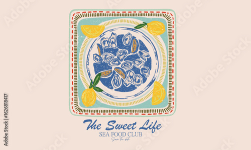 Fresh oyster print. Eat more fruit. Oyster club print design. Lemon and drink artwork.