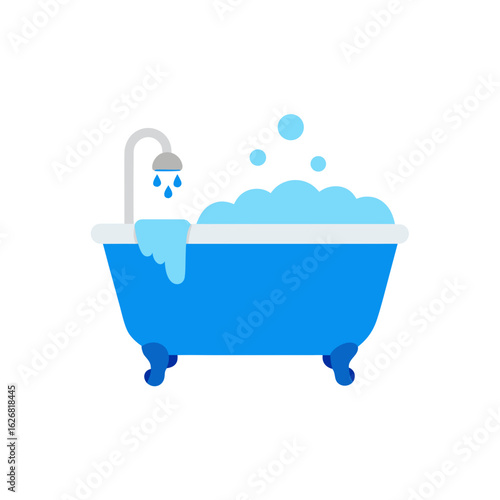 Blue bathtub with running water and bubbles isolated on transparent background