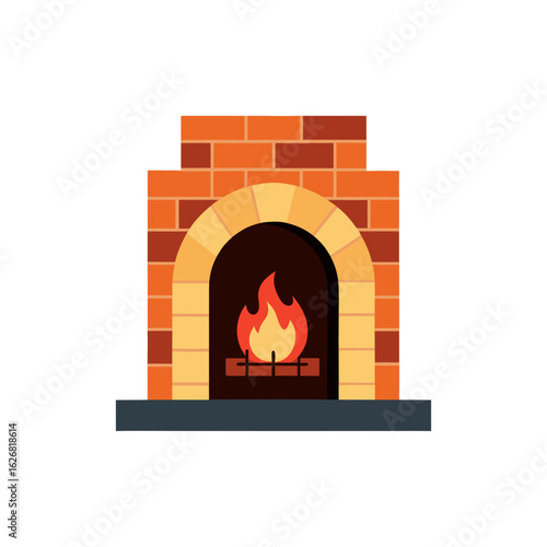 Brick fireplace with burning fire isolated on transparent background
