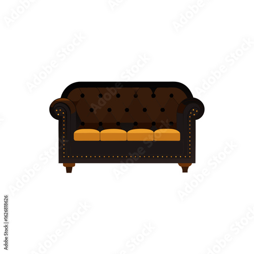 Brown chesterfield sofa with orange cushions isolated on transparent background
