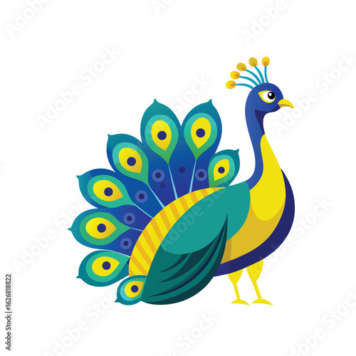 peacock on a with blue and green feathers standing on a white background art