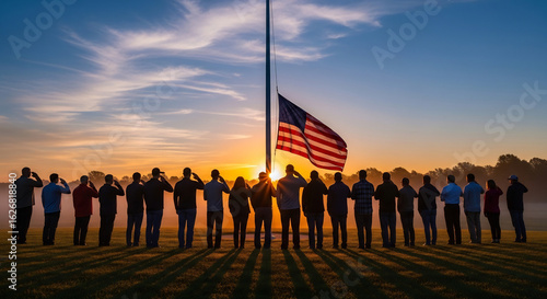 Diverse community members in silhouette stand respectfully saluting a flag at half-mast during sunrise, honoring a national day of remembrance.