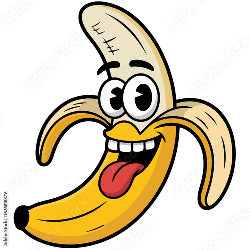 A smiling cartoon banana with a peel showing and a tongue sticking out. Transparent png vector