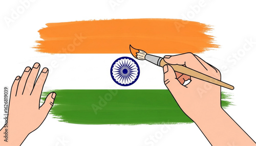 Hands painting the Indian flag with a brush, creating orange, white, and green stripes, and the Ashoka Chakra.