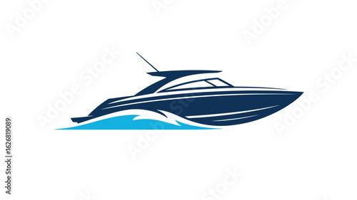  Stylized blue and white boat illustration with streamlined cabin and wave pattern, symbolizing modern travel and ocean motion