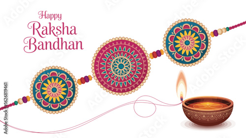 Raksha Bandhan greeting card with intricately designed rakhis, lit oil lamp, festive background, and decorative celebration text 