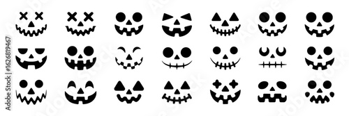 Halloween Pumpkin Faces Vector Set. Black and white spooky, silly, scary carved pumpkin face design elements with triangle eyes, round eyes, x eyes, crooked smiles, stitched mouths for Halloween decor