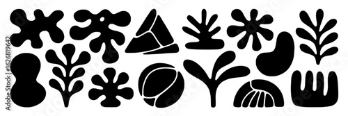 Set of hand-drawn abstract organic shapes, geometric triangle, botanical leaves, blob, lines, and doodles in monochrome black. Vector illustration collection for modern design, minimalist art, and con