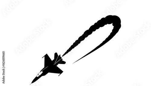 Black silhouette of a jet performing a high-speed maneuver, leaving a smoky trail.