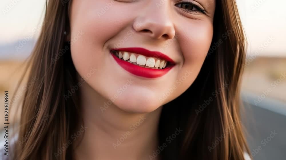 Woman with Red Lipstick Smiling Outdoors for smile Woman with Red Lipstick Smiling Outdoors for smile