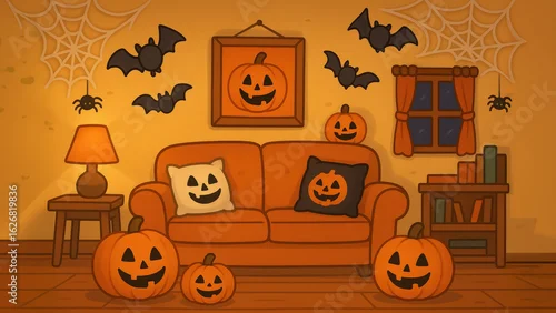 Obraz Cozy Halloween-themed living room with cartoon jack-o'-lanterns, bats, spider webs, and pumpkin decorations in warm autumn colors