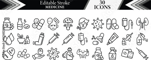Medicine icon set. Pills, Capsules, Tablets, Syrup, Injection, Vaccine, Antibiotics, Painkillers, Antidepressants, Antihistamines, Insulin. editable Vector collection
