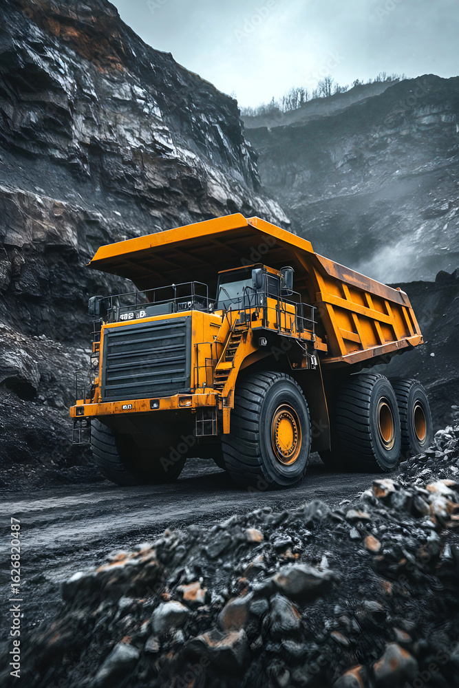 Massive yellow mining dump truck in rocky quarry landscape under overcast sky Massive yellow mining dump truck in rocky quarry landscape under overcast sky