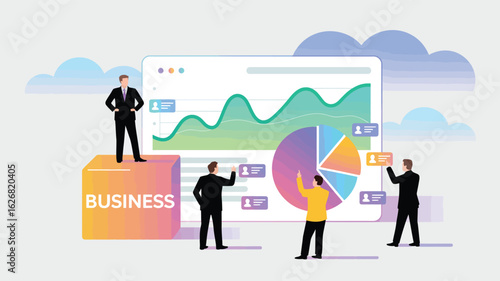  Illustration of business analytics teamwork with professionals interacting around data charts, graphs, and BUSINESS platform block