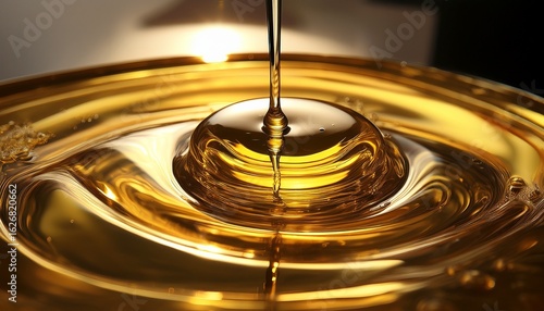 this close up captures the continuous anointing oil flow of a thick golden oil onto a smooth reflective surface emphasizing its texture and rich color