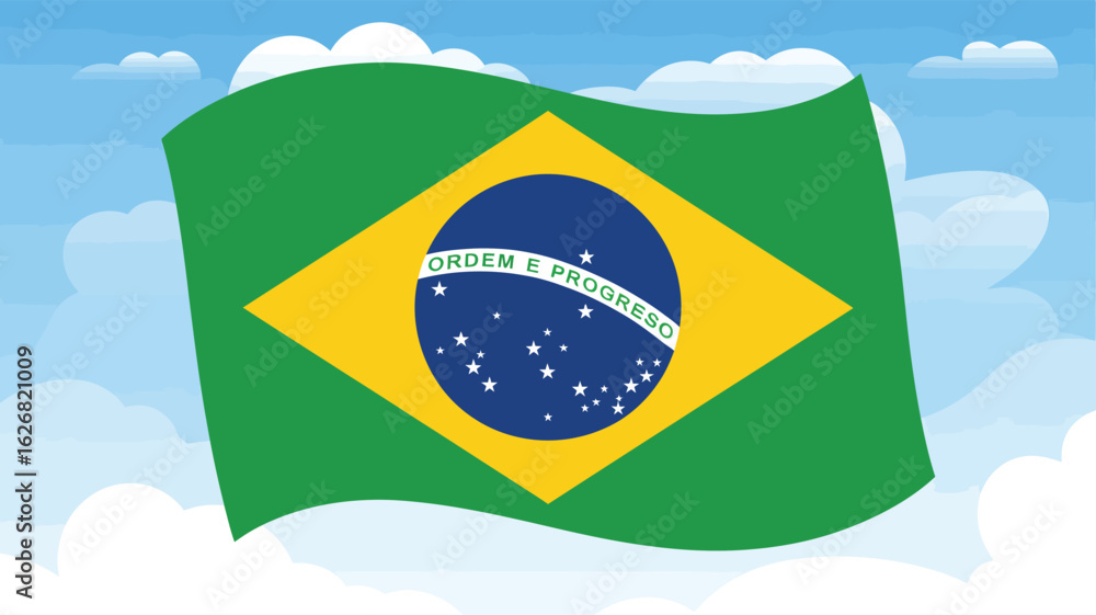 Fototapeta premium Brazil flag with green field, yellow diamond, blue globe, motto “Ordem e Progresso”—symbol of national pride, nature, and unity